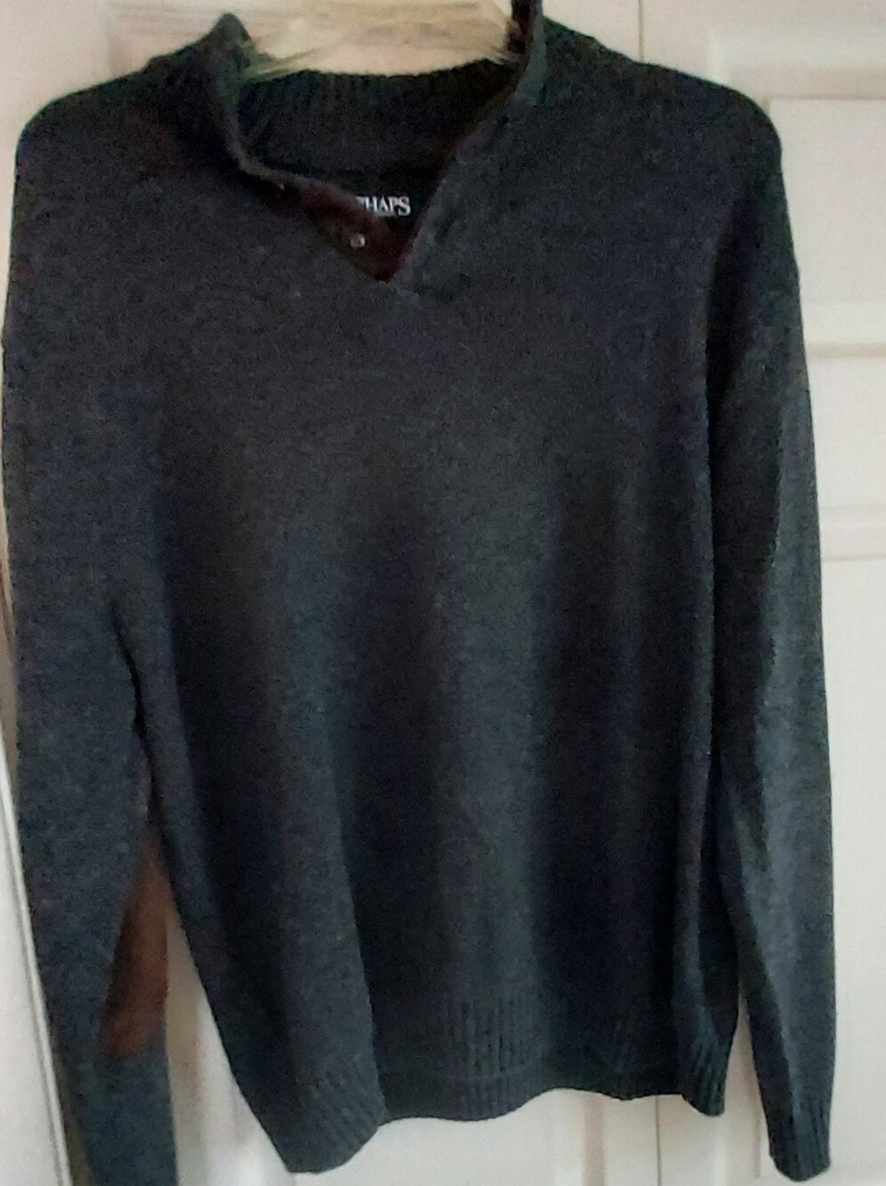 Chaps Sweater Mens XXL Gray Button Neck Pull Over Brown Suede Elbows Academia